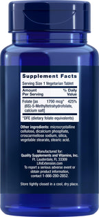 Side view of Life Extension Optimized Folate 180 vegetarian tablets detailing supplement facts and MTHFR support information.