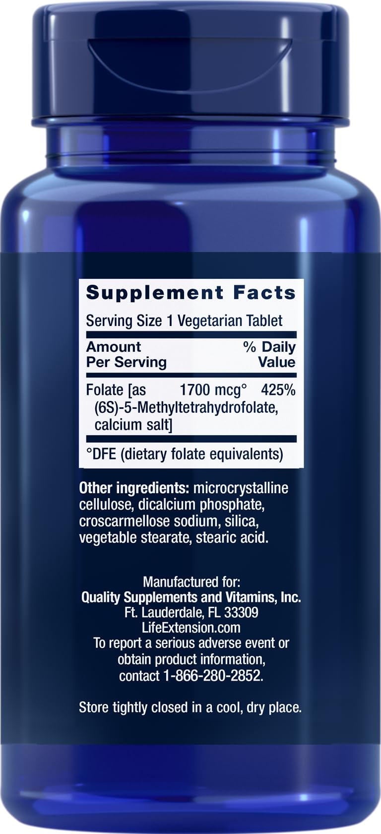 Side view of Life Extension Optimized Folate 180 vegetarian tablets detailing supplement facts and MTHFR support information.