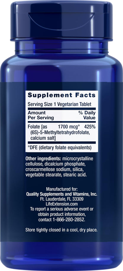 Side view of Life Extension Optimized Folate 180 vegetarian tablets detailing supplement facts and MTHFR support information.