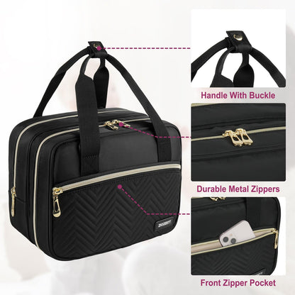 Foldable waterproof assembly mat spread open next to the black travel storage container