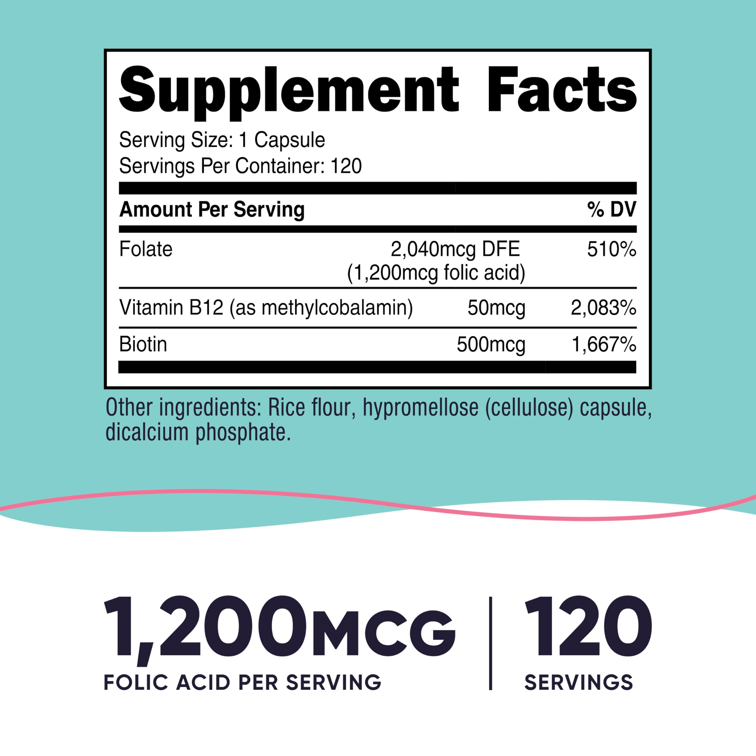 Nutricost Women Folic Acid supplement label displaying biotin and vitamin b12 ingredients