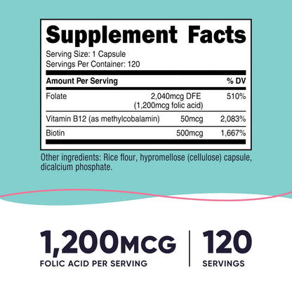 Nutricost Women Folic Acid supplement label displaying biotin and vitamin b12 ingredients