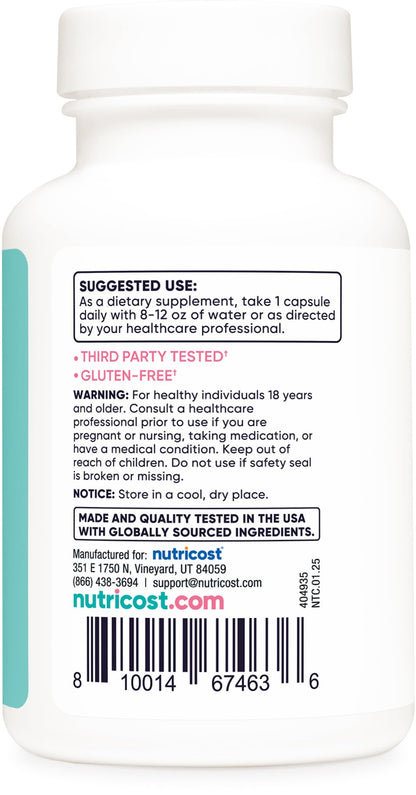 Nutricost Folic Acid 120 vegetarian capsules nutritional facts and GMP compliant certification logo