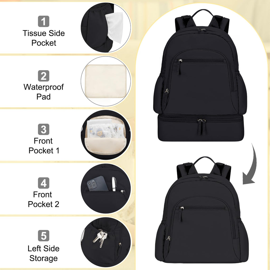 Insulated lower compartment of the black diaper tote filled with six baby bottles