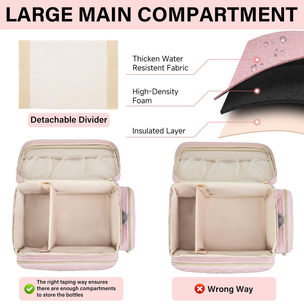 Open pink travel storage case displaying padded lining for pump protection.