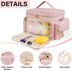 Side view of pink pumping bag highlighting durable zippers and pockets.
