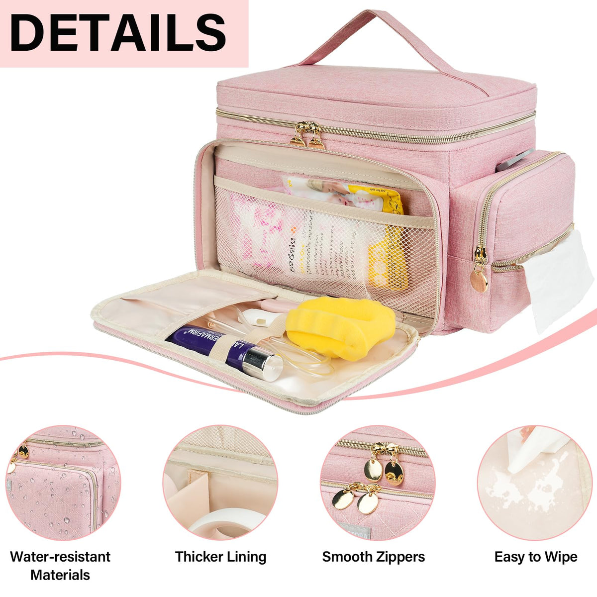 Side view of pink pumping bag highlighting durable zippers and pockets.