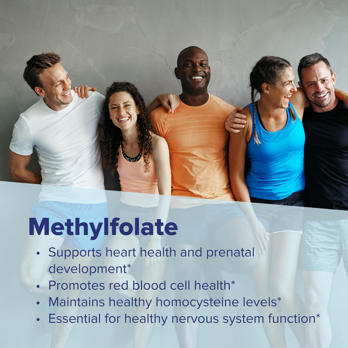 Side view of the non-GMO preservative-free sublingual folate bottle detailing benefits.