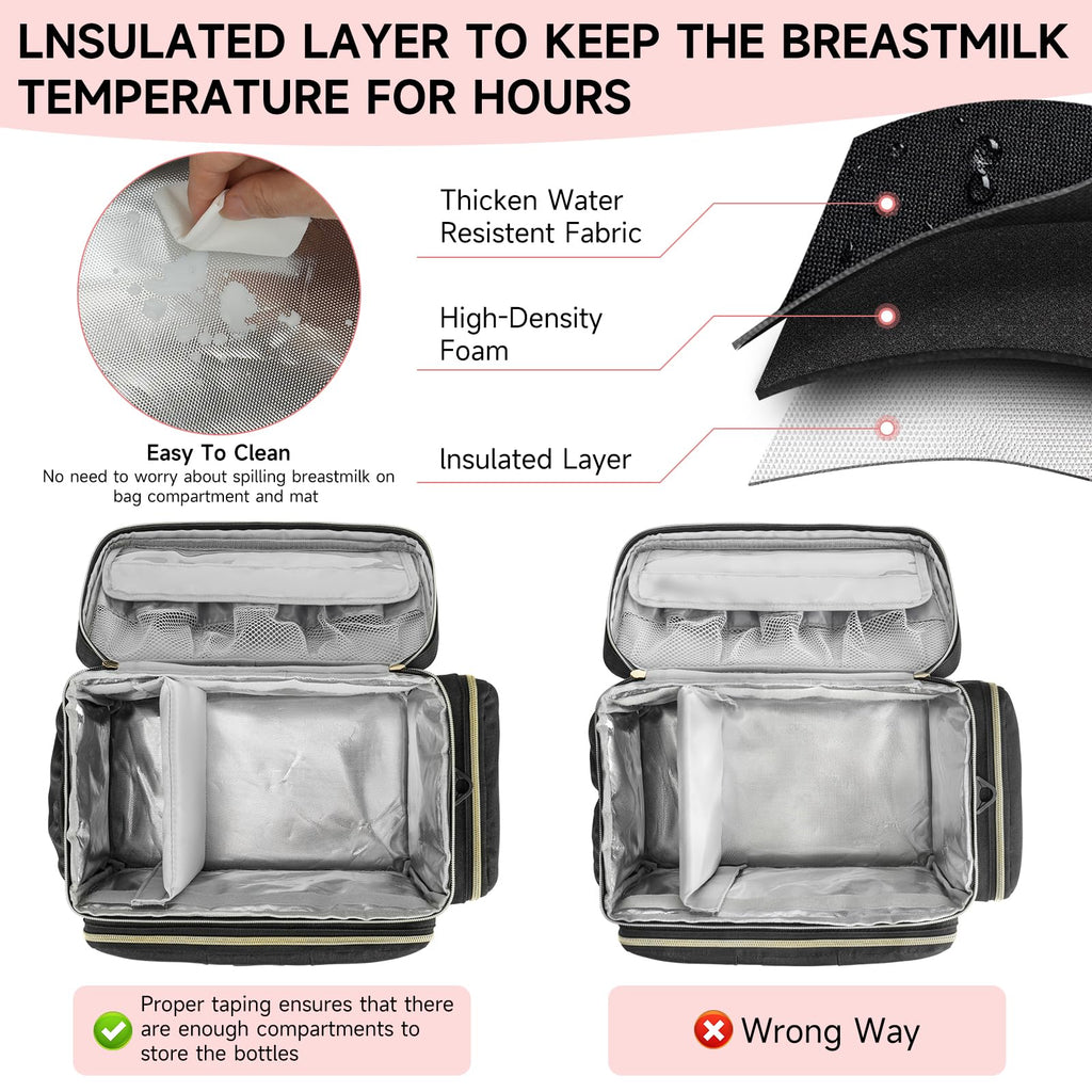 Ziozertt insulated breast pump bag showing the thermal section filled with chilled milk bottles.