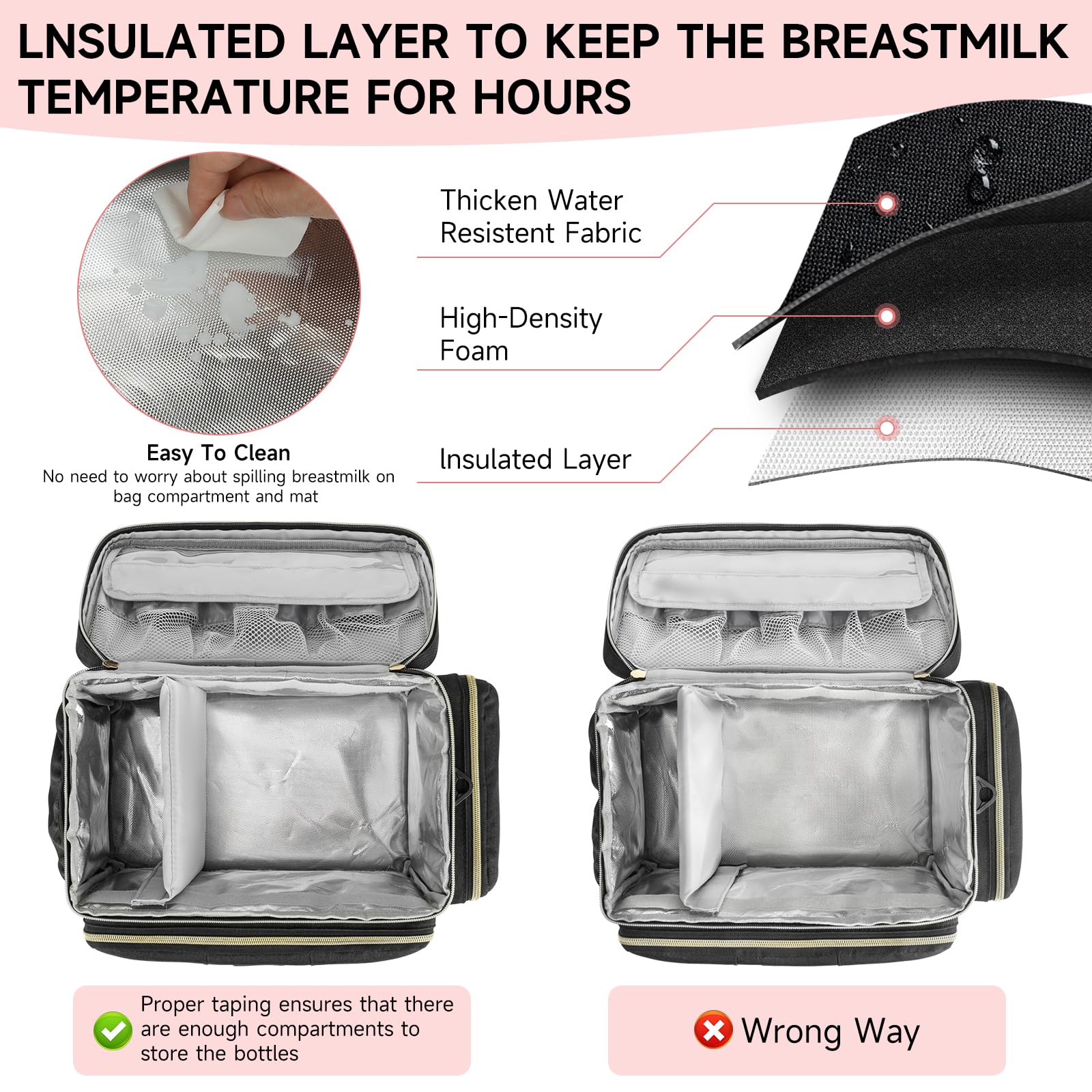 Ziozertt insulated breast pump bag showing the thermal section filled with chilled milk bottles.