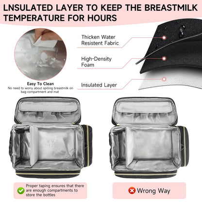 Ziozertt insulated breast pump bag showing the thermal section filled with chilled milk bottles.