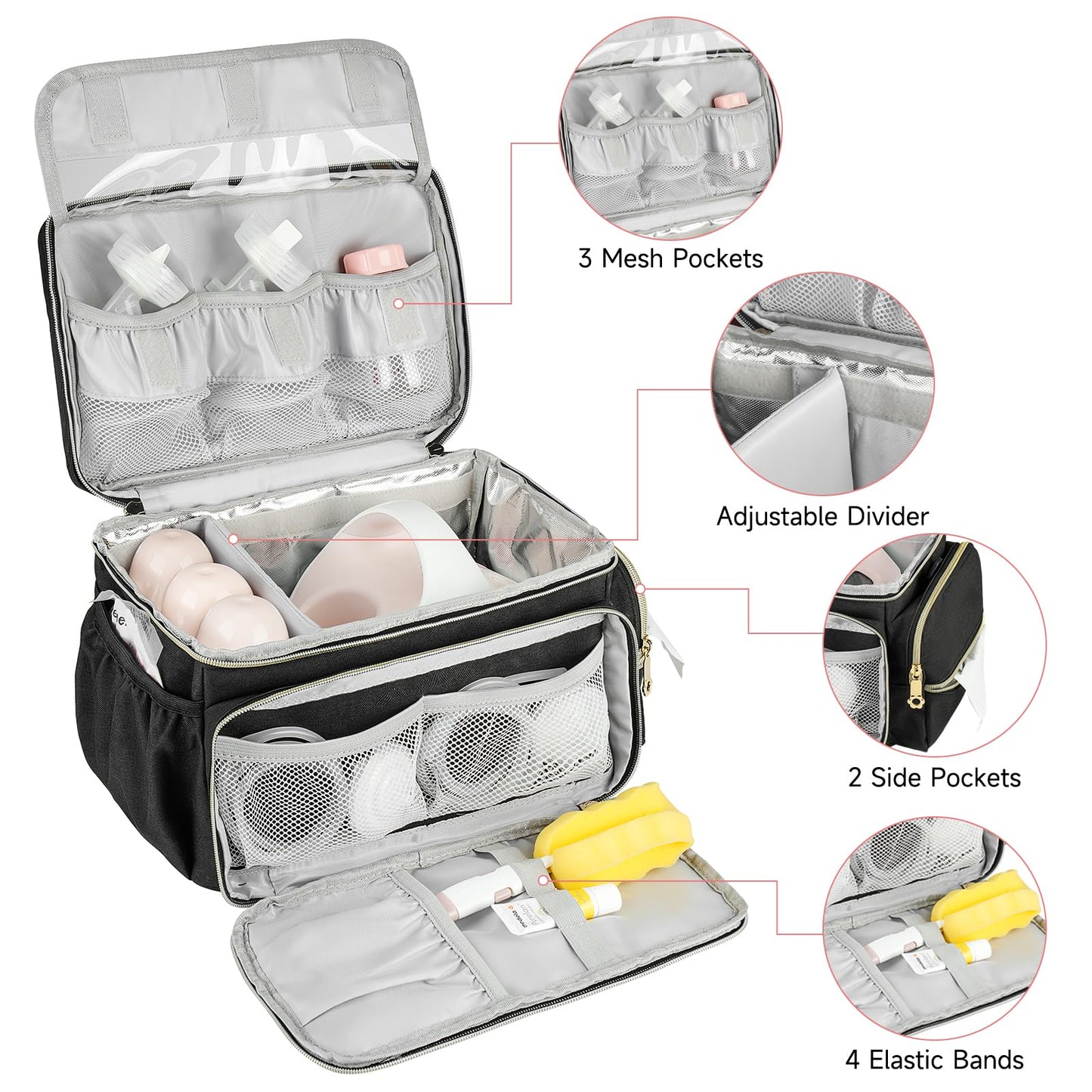 Ziozertt breastfeeding travel bag displaying the included water resistant mat with pump accessories.
