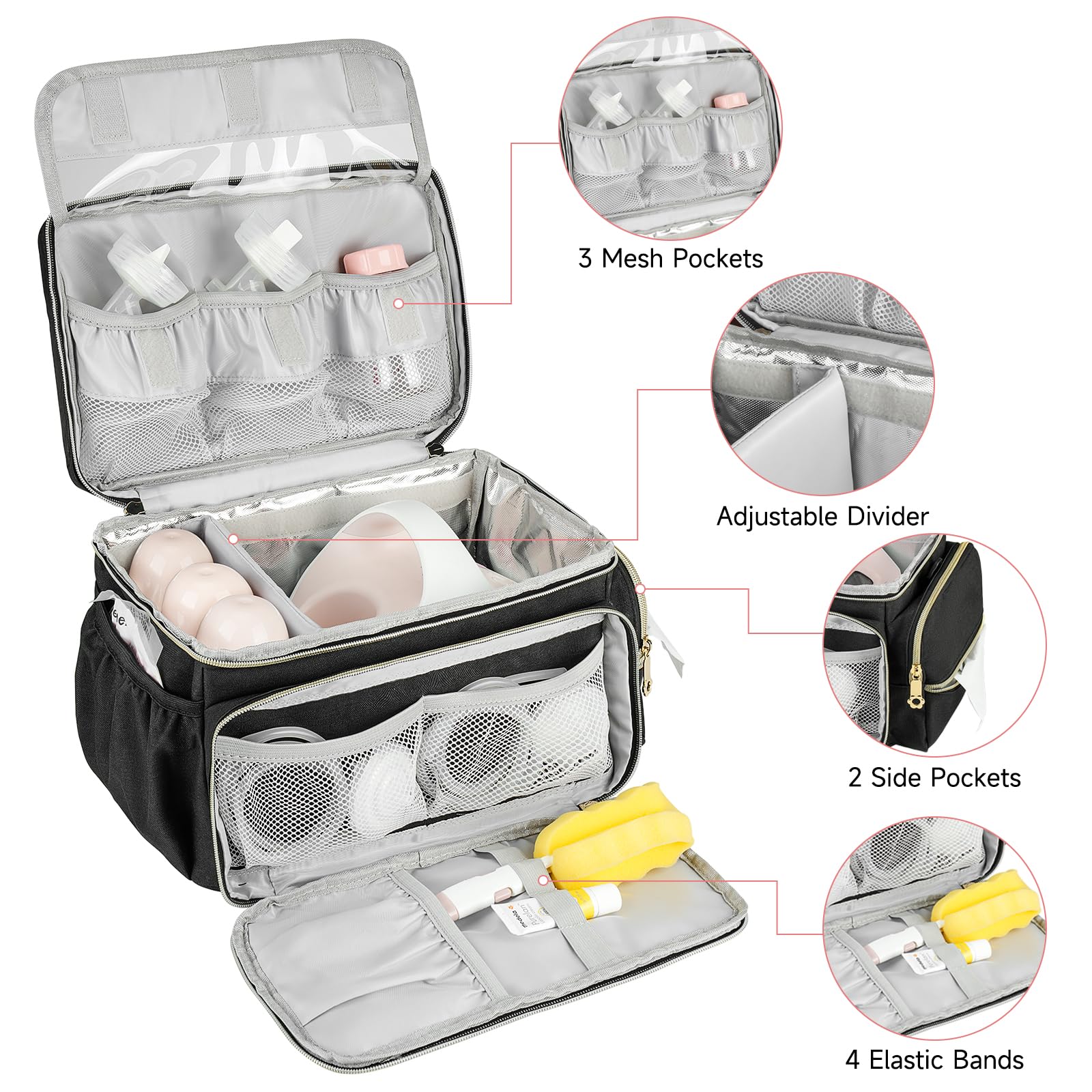 Ziozertt breastfeeding travel bag displaying the included water resistant mat with pump accessories.