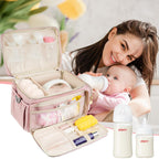 Compact pink organizer bag packed with breast pump accessories and bottles.