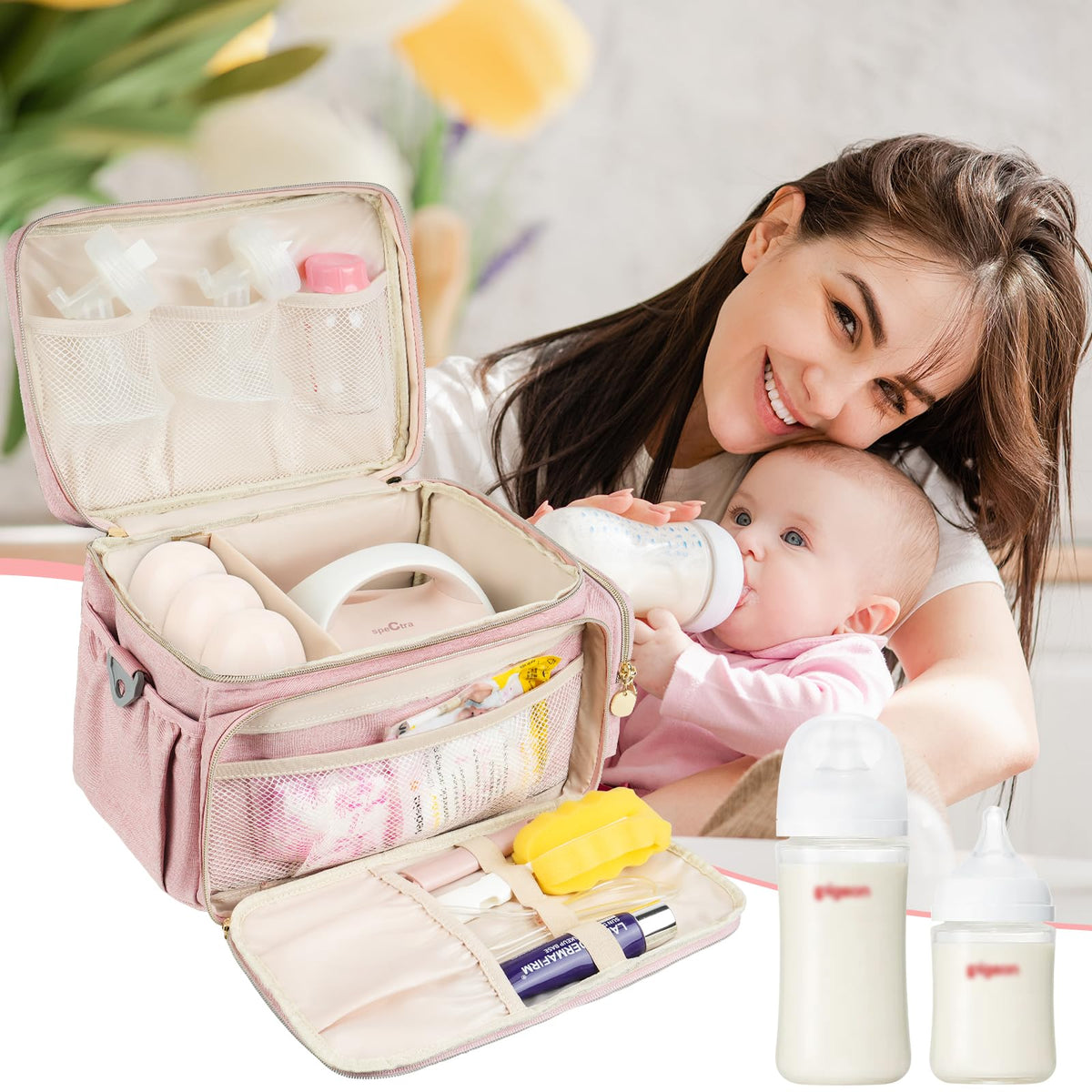 Compact pink organizer bag packed with breast pump accessories and bottles.