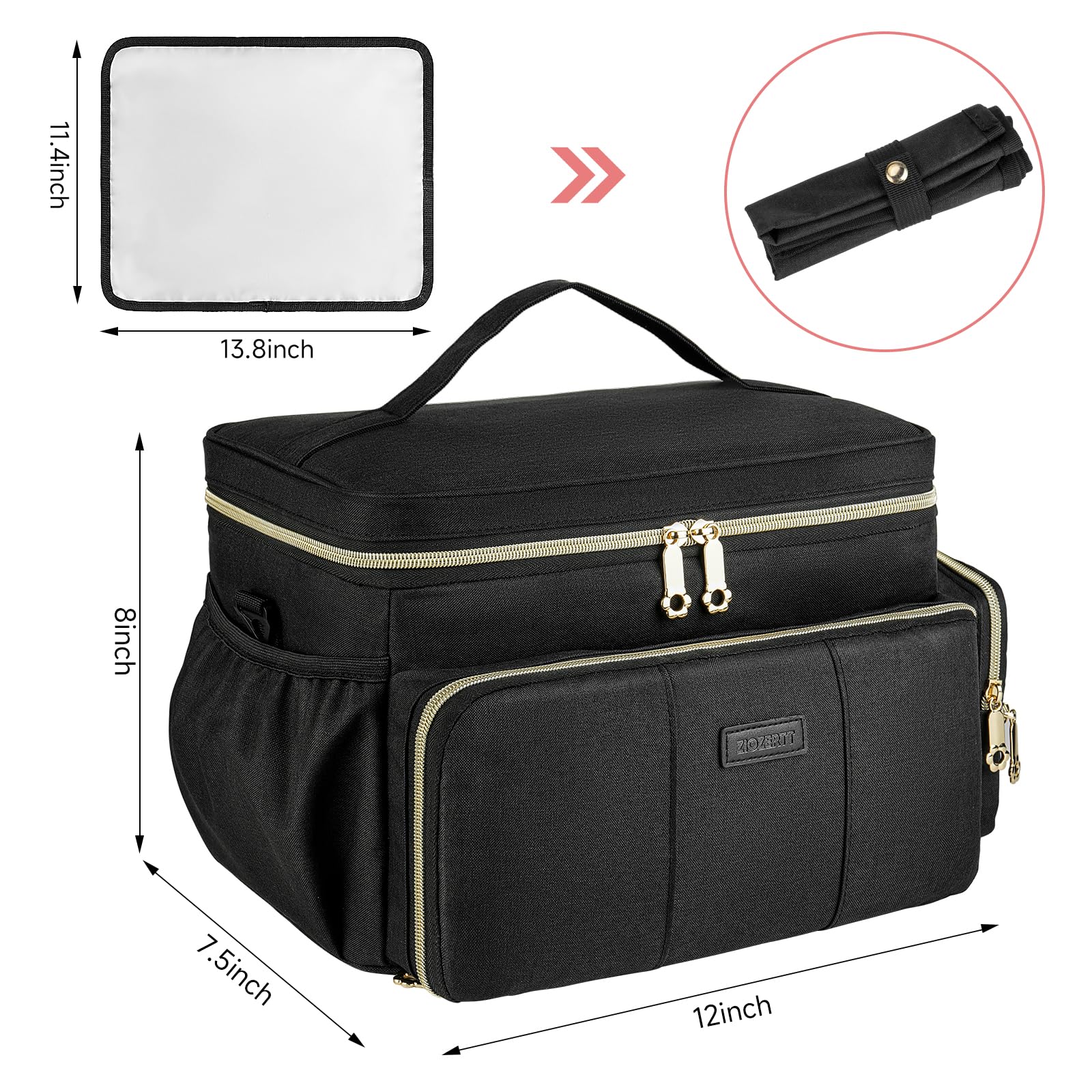 Ziozertt compact black pumping bag organized with storage bags and accessories for working moms.