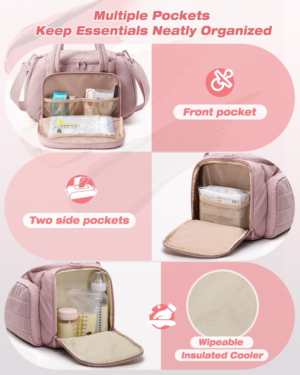 Marscamd maternity travel bag showcasing the included waterproof drying mat laid out with pump accessories.