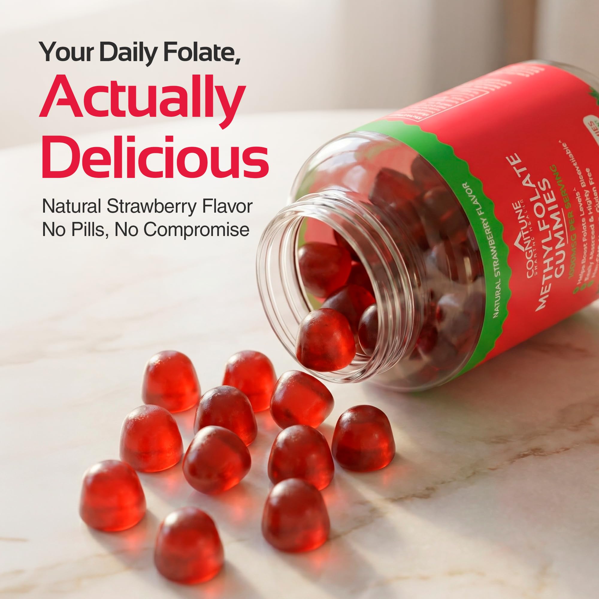 CogniTune L-Methylfolate 5-MTHF strawberry gummies premium dietary supplement packaging