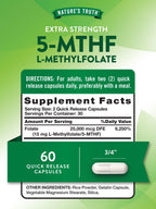 Nature's Truth active 5-MTHF dietary supplement bottle angle highlighting non-GMO and gluten-free labels