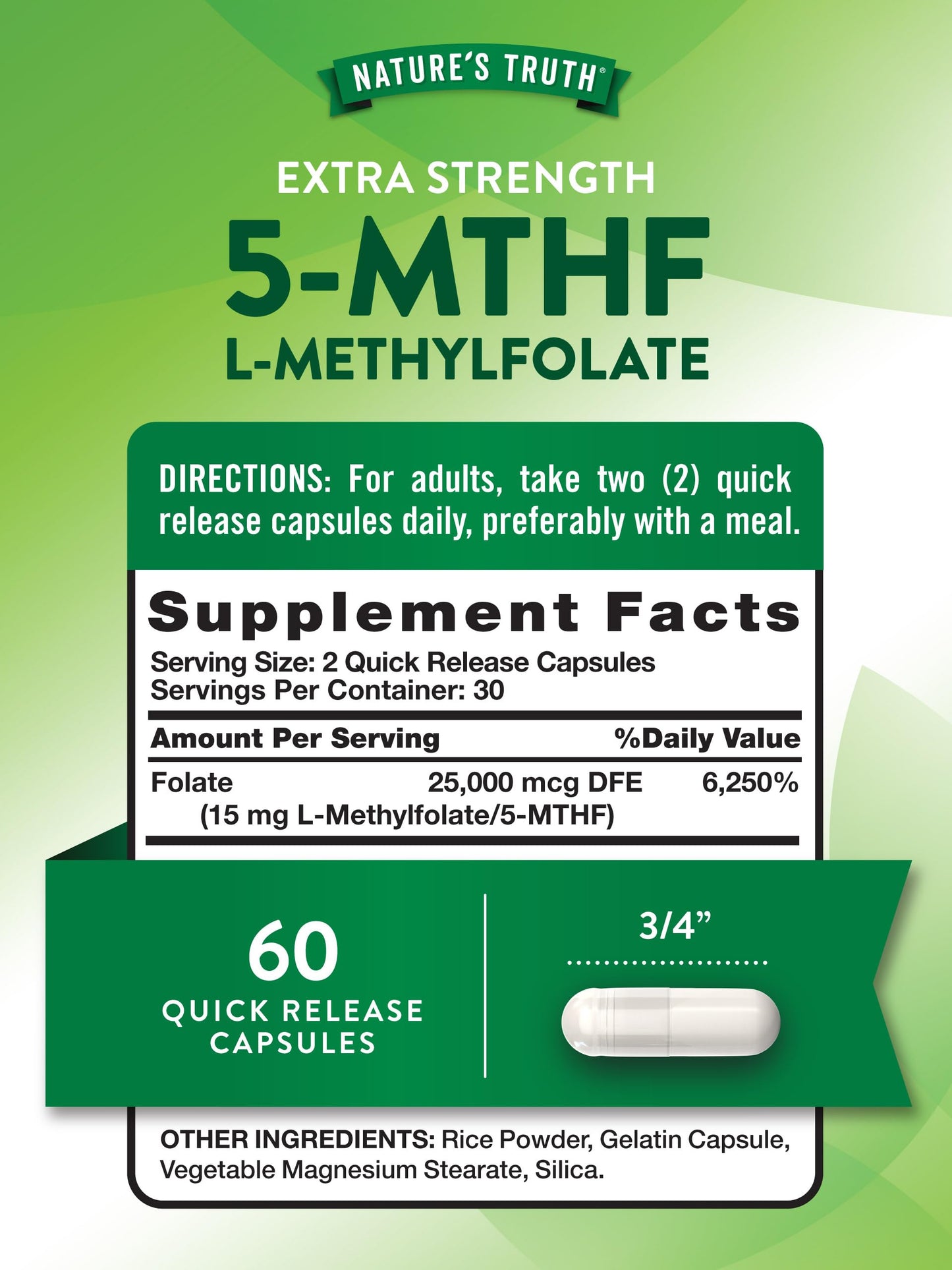 Nature's Truth active 5-MTHF dietary supplement bottle angle highlighting non-GMO and gluten-free labels