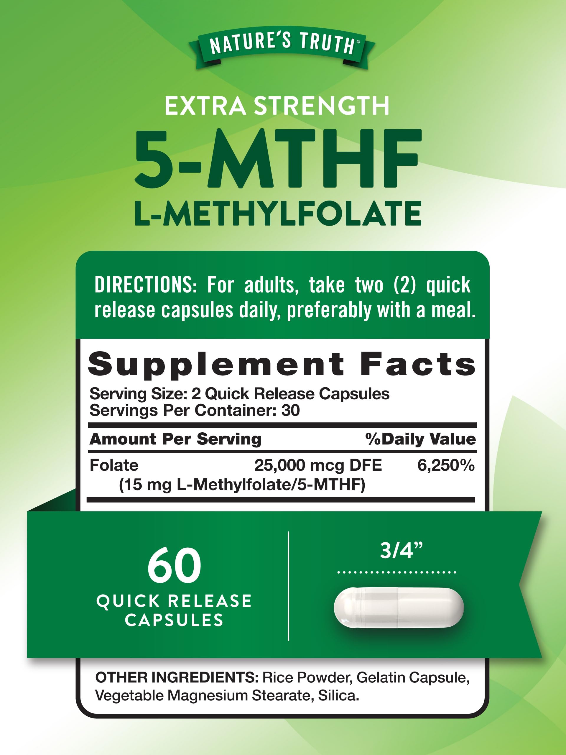 Nature's Truth active 5-MTHF dietary supplement bottle angle highlighting non-GMO and gluten-free labels
