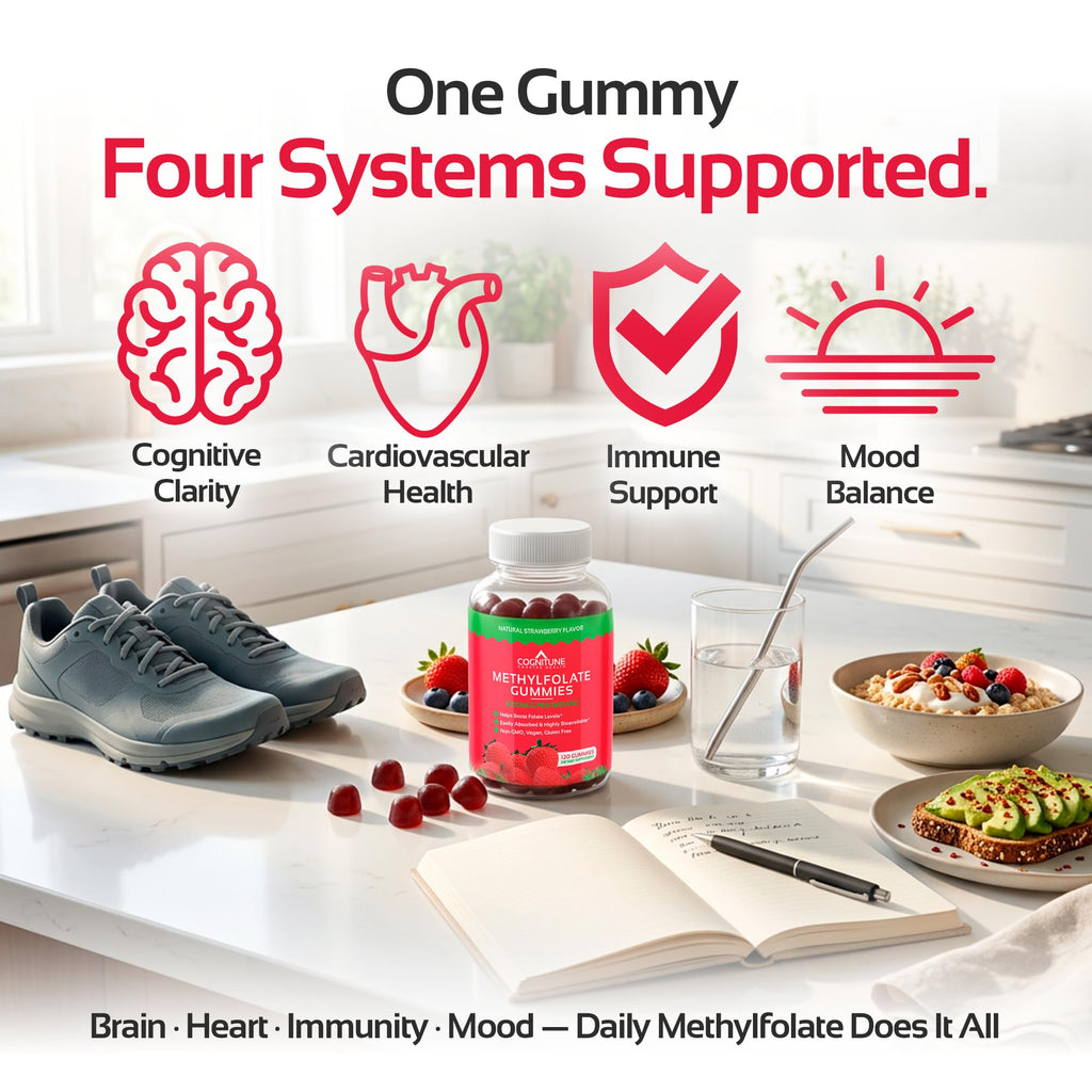 CogniTune brain focus and immune support chewable gummies layout on a clean background