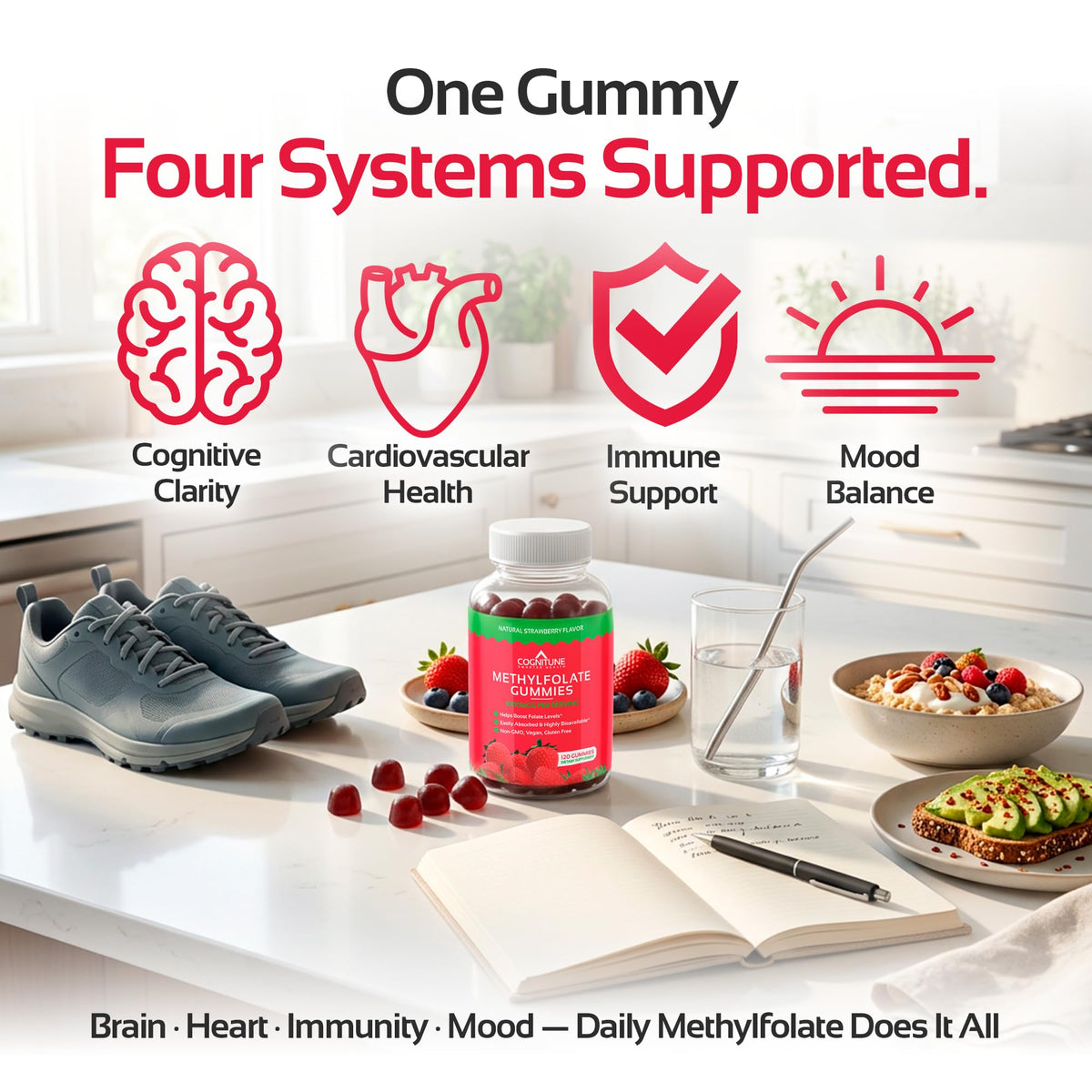 CogniTune brain focus and immune support chewable gummies layout on a clean background
