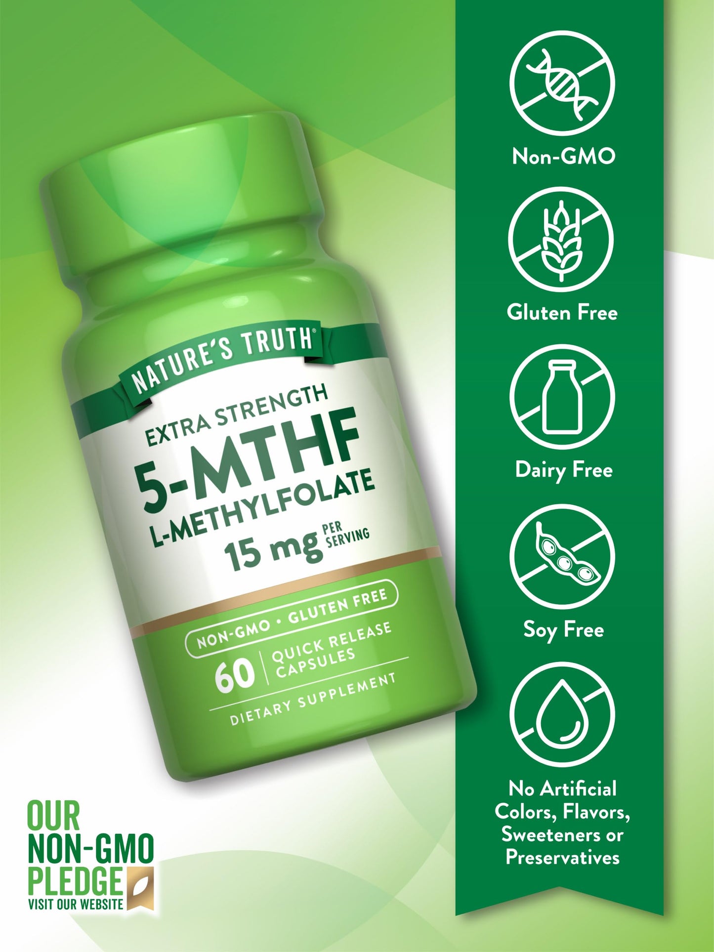 Supplement facts panel on the back of Nature's Truth L-Methylfolate 15mg bottle indicating ingredients