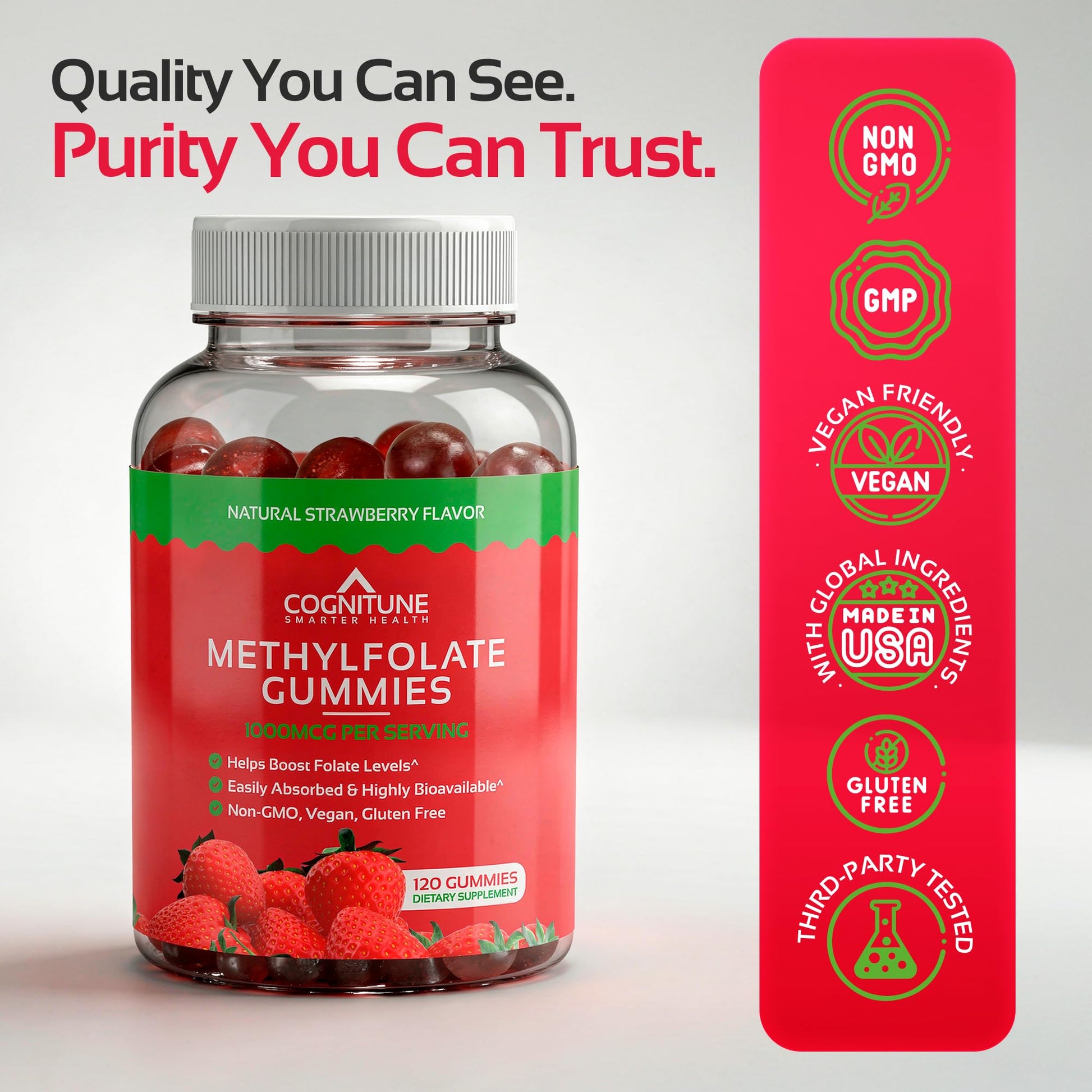 CogniTune 60 count strawberry flavored methylfolate bottle side view with usage instructions