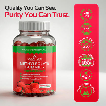 CogniTune 60 count strawberry flavored methylfolate bottle side view with usage instructions