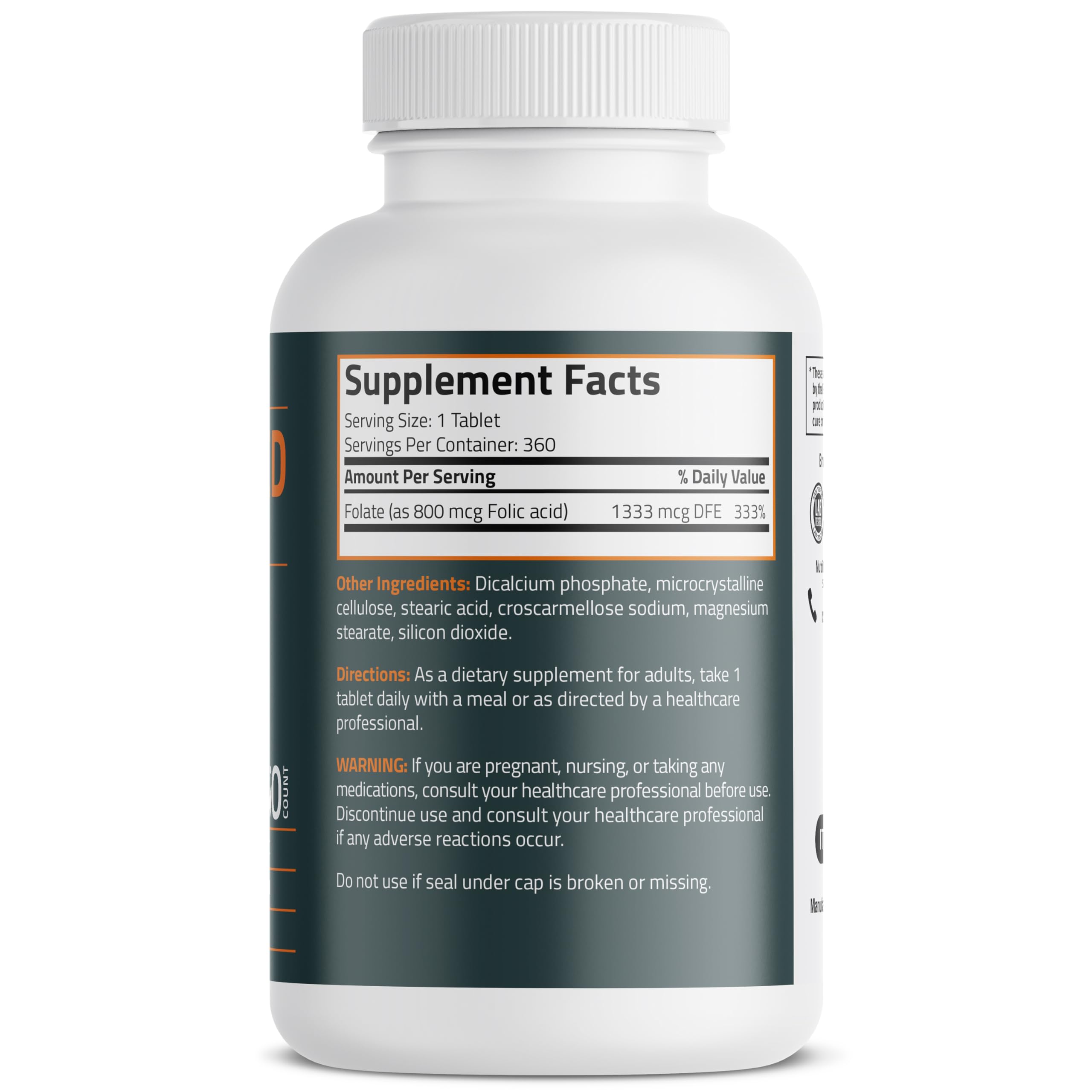 Bronson Vitamin B9 prenatal support supplement supplement facts and ingredient label