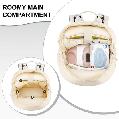 Beige Spectra compatible backpack showcasing the spacious interior pockets filled with pump accessories.