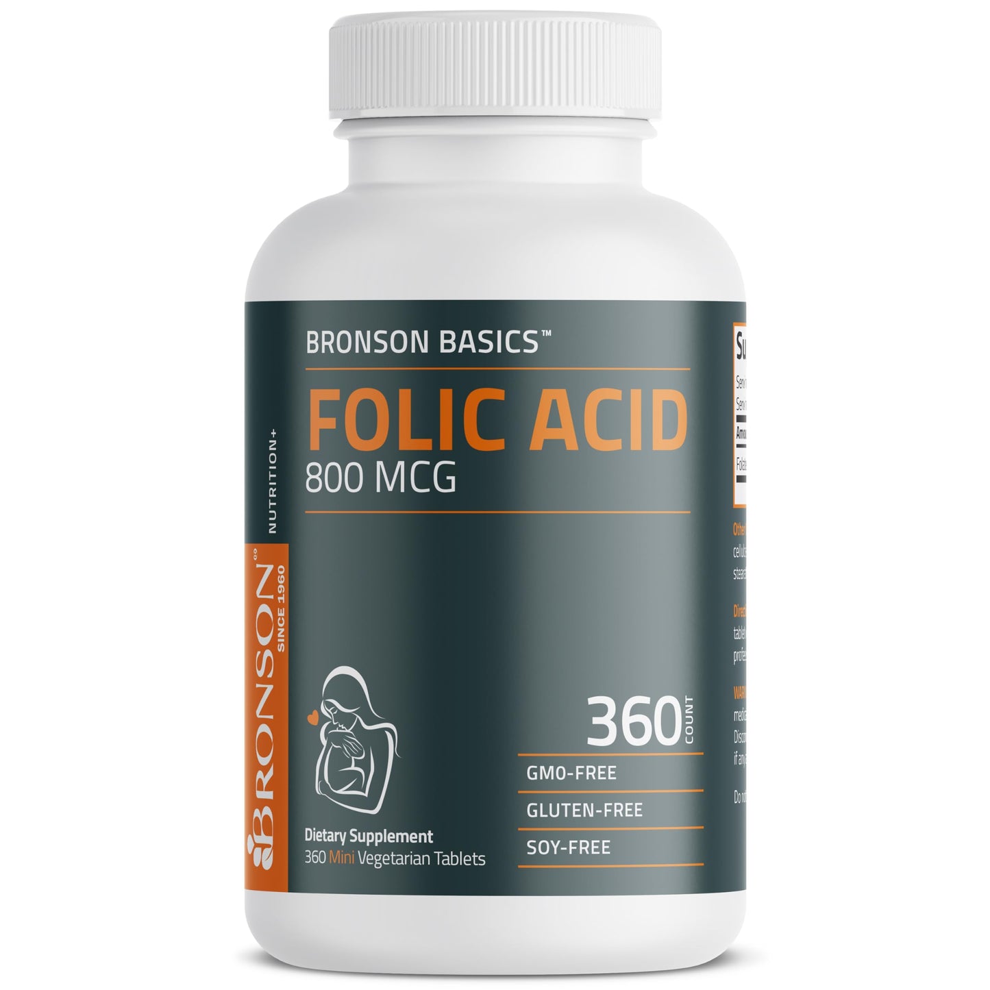 Bronson Basics Folic Acid 800mcg non-GMO and gluten-free product seals details