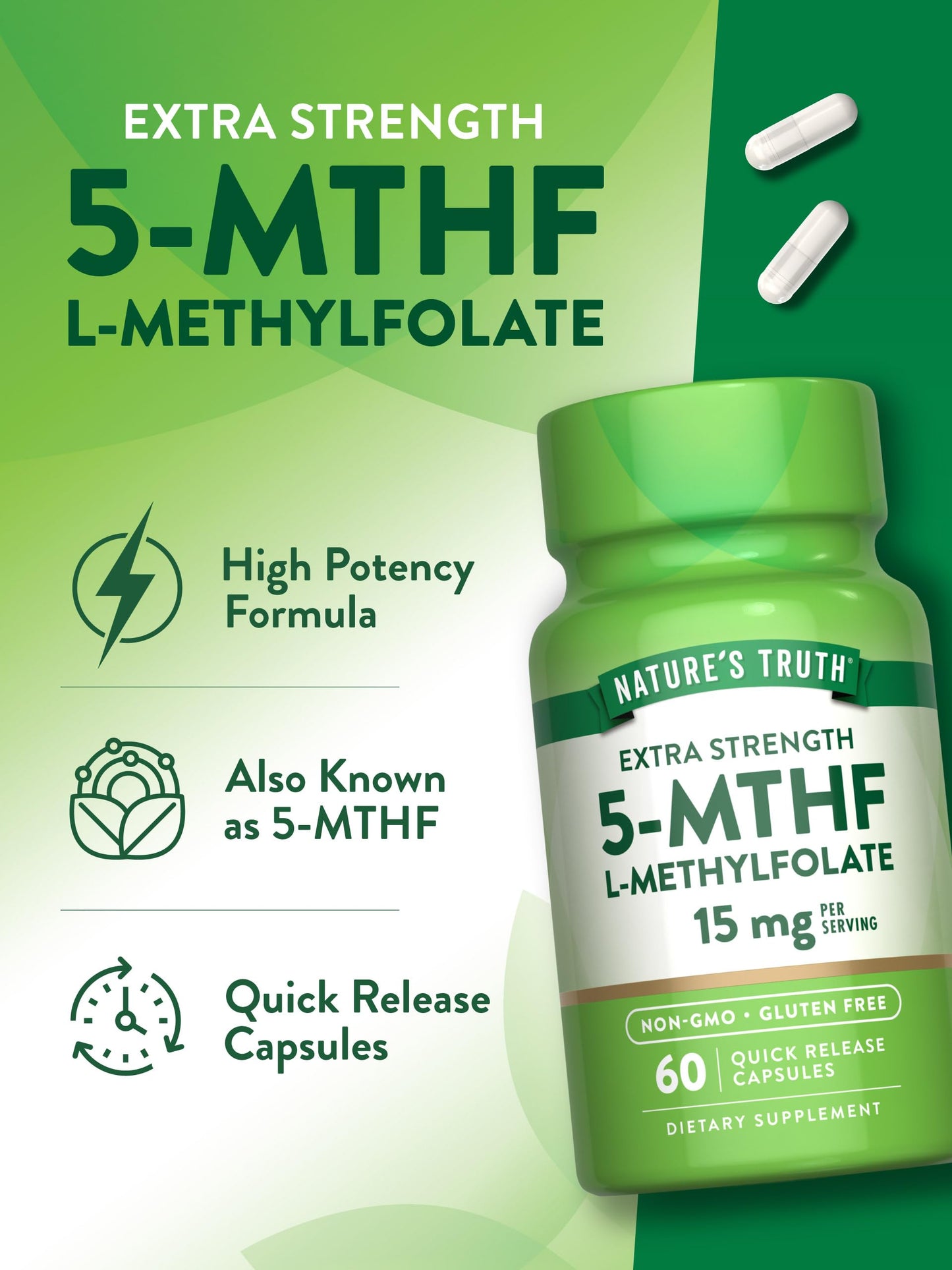 Close up of Nature's Truth USA imported premium active folate supplement bottle packaging graphics