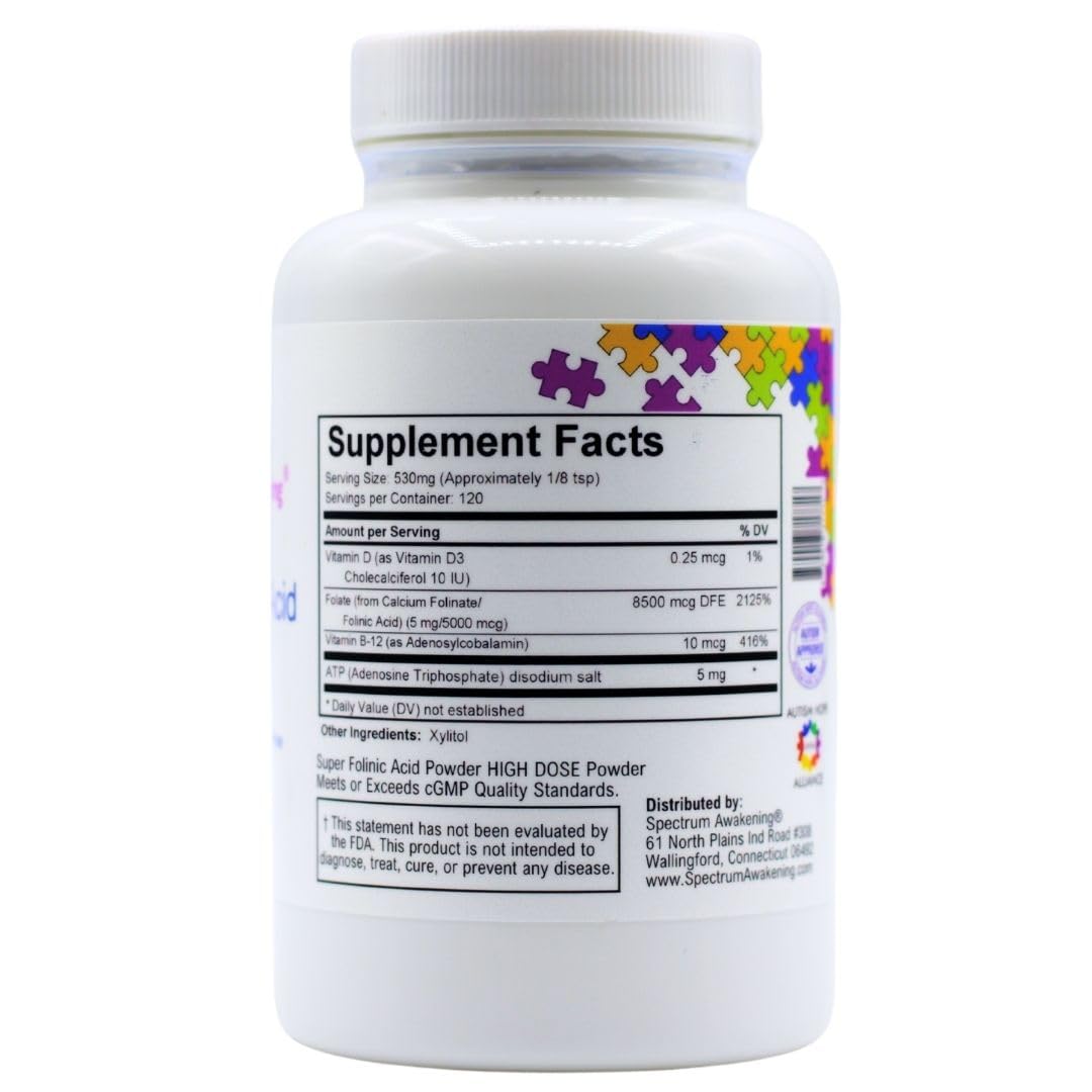 Spectrum Awakening Super Folinic Acid dietary supplement jar showcasing clean allergen-free ingredient labels