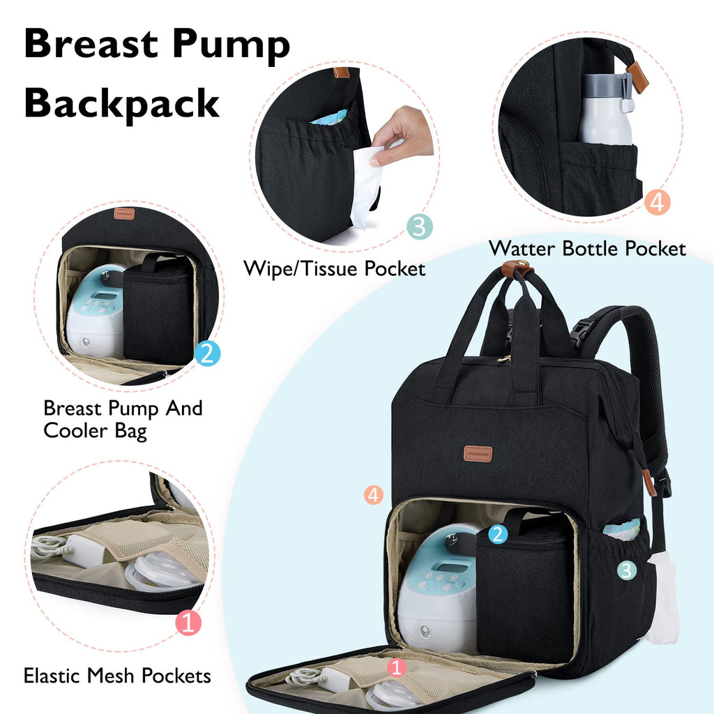 Mommore diaper backpack showing opened front section holding a Spectra breast pump
