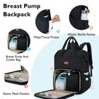 Mommore diaper backpack showing opened front section holding a Spectra breast pump