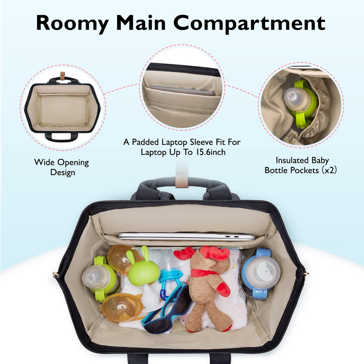 Mommore premium work bag with 15.6 inch laptop sliding into padded sleeve