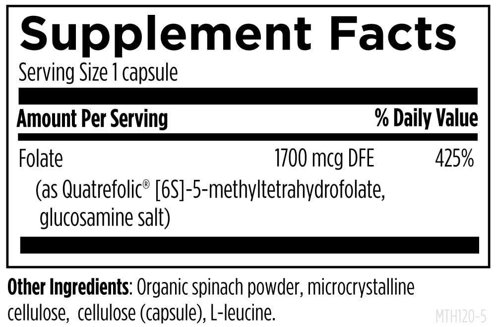 Designs for Health methylated folate 1mg vegetarian capsules showing authentic USA product seal