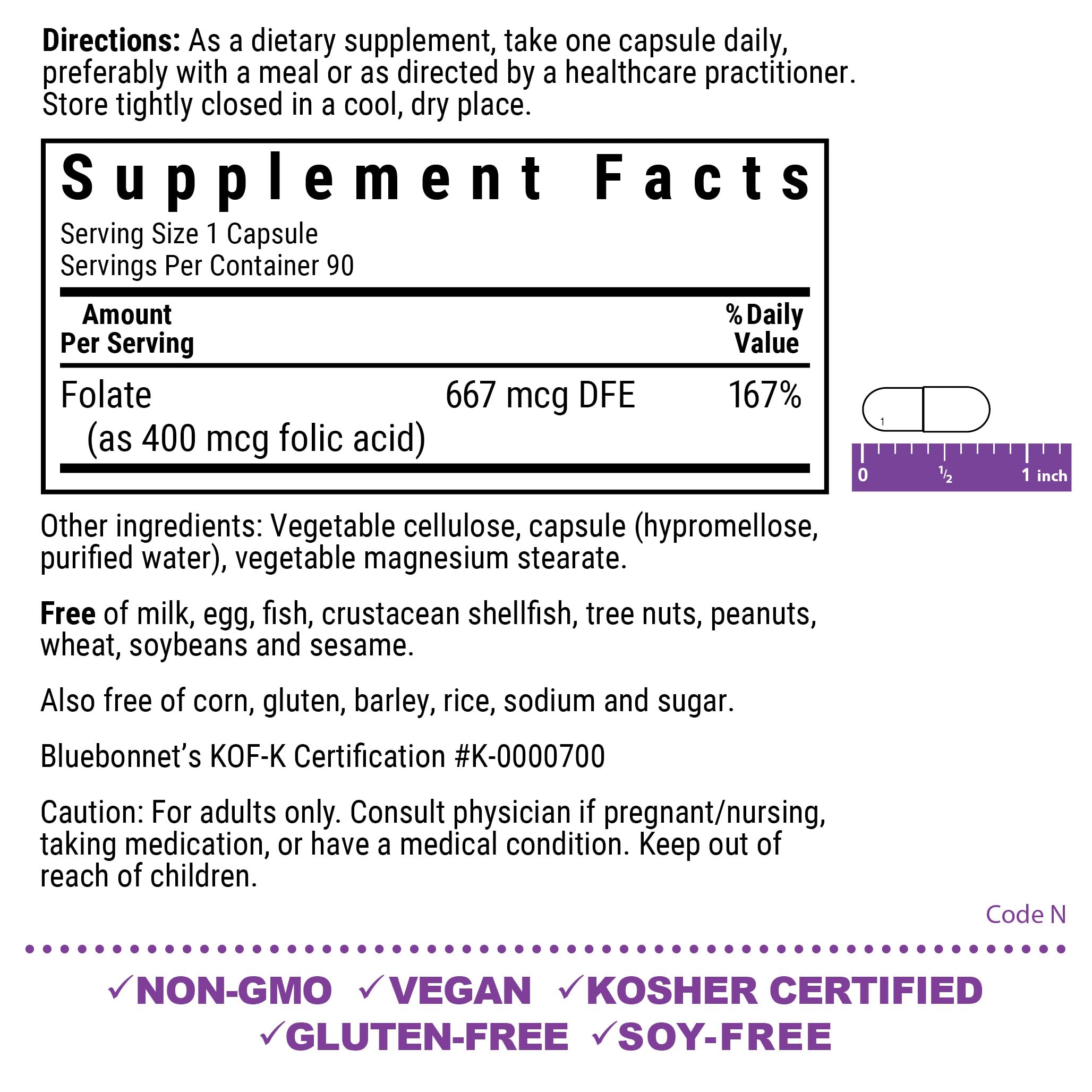 Bluebonnet Nutrition Folic Acid 400 mcg supplement facts and clean vegan kosher ingredient label details
