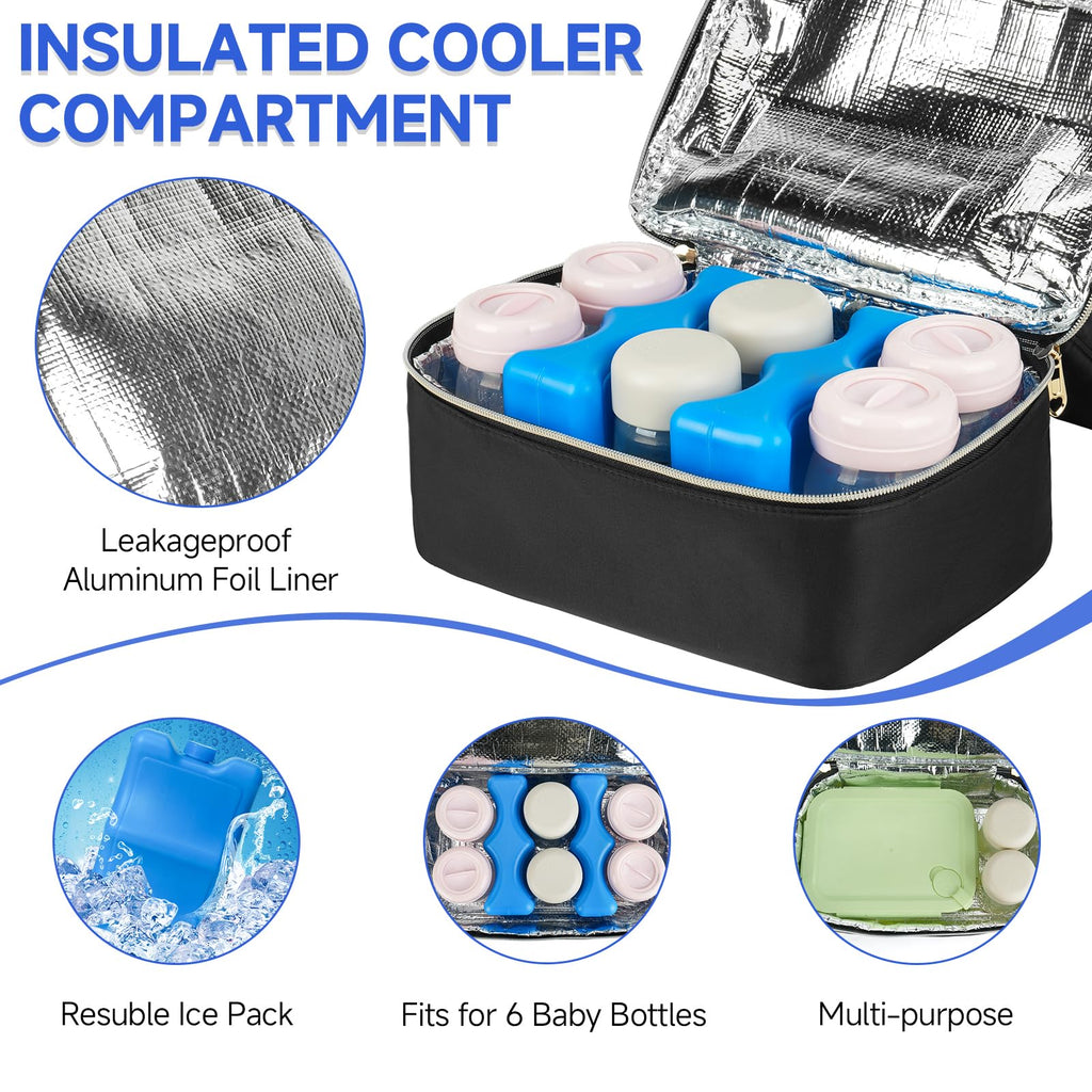 Jaffzora insulated cooler compartment holding baby bottles and ice pack