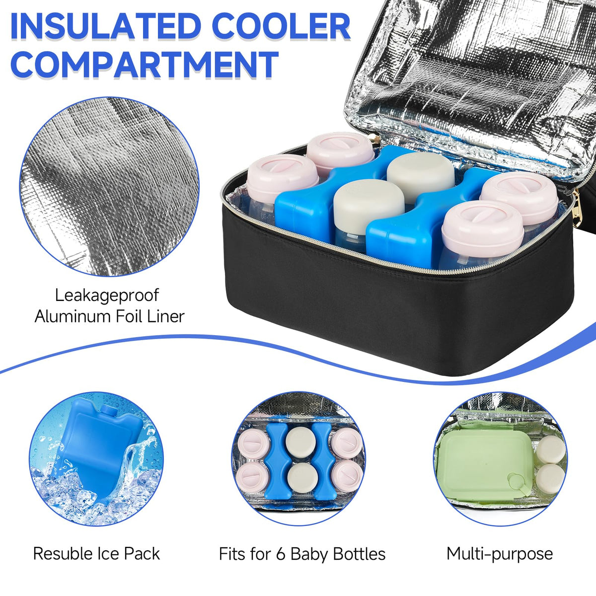 Jaffzora insulated cooler compartment holding baby bottles and ice pack