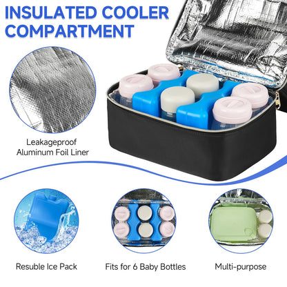 Jaffzora insulated cooler compartment holding baby bottles and ice pack