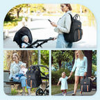 Mommore black backpack showing comfortable padded shoulder straps and stroller attachments
