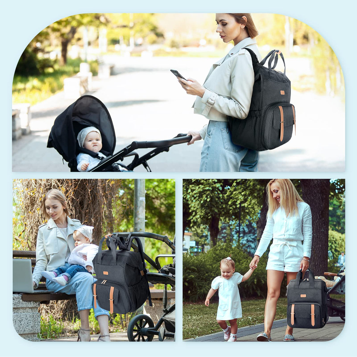 Mommore black backpack showing comfortable padded shoulder straps and stroller attachments