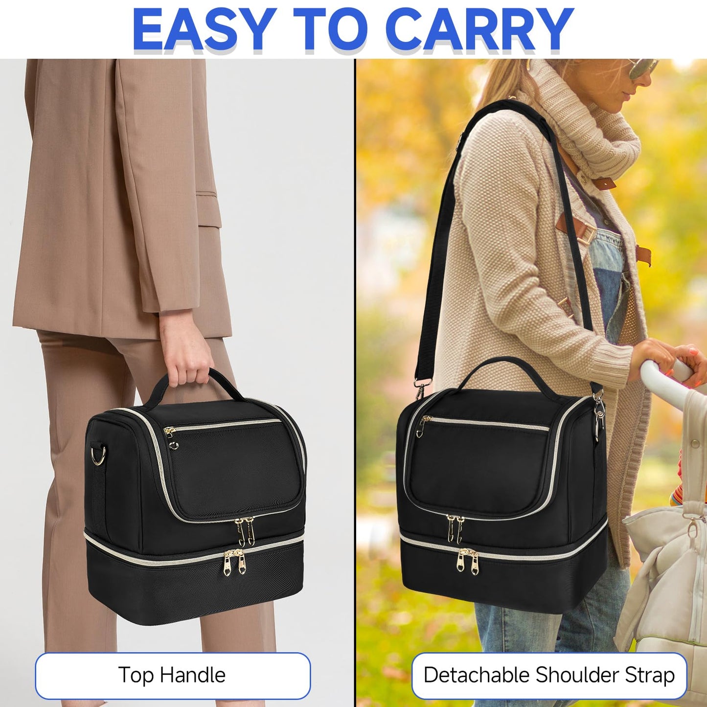 Jaffzora hands free pump organizer highlighting leak proof interior lining