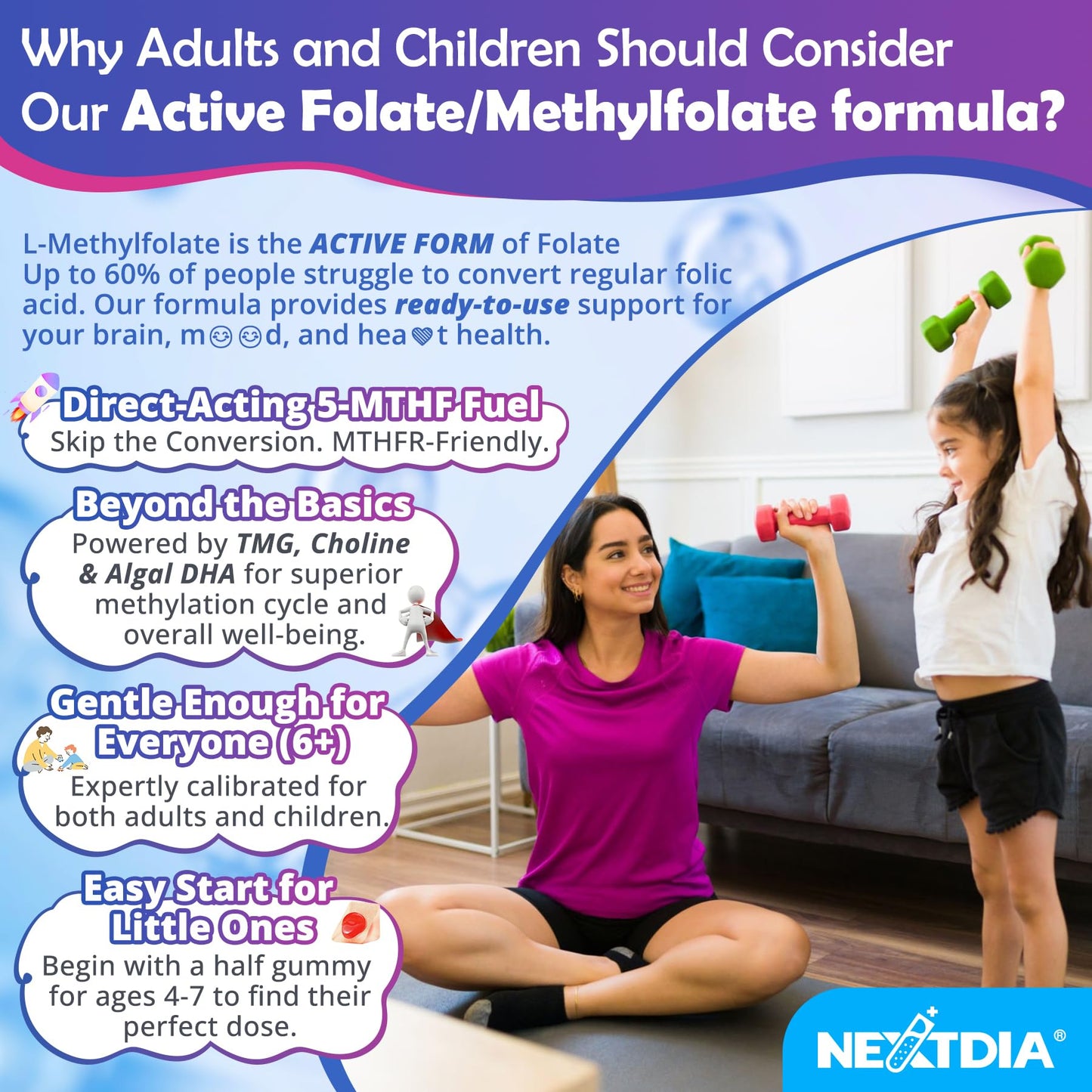 Nextdia dual layer GummieJel technology bottle showing premium methylation support ingredients list.