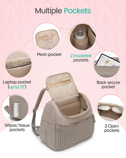 Qualyphant travel baby backpack being used with the integrated stroller hooks for hands-free convenience.