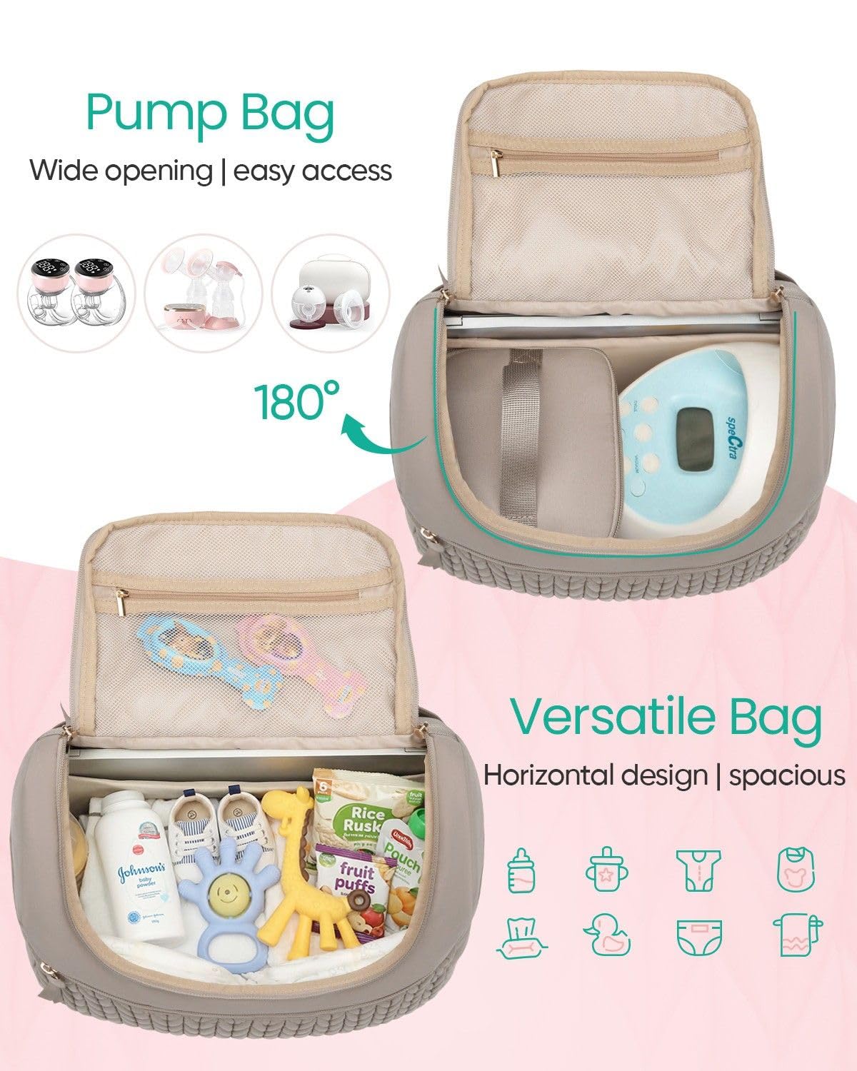 Qualyphant quilted utility tote showing side pocket access designed for baby wipes and quick-reach items.