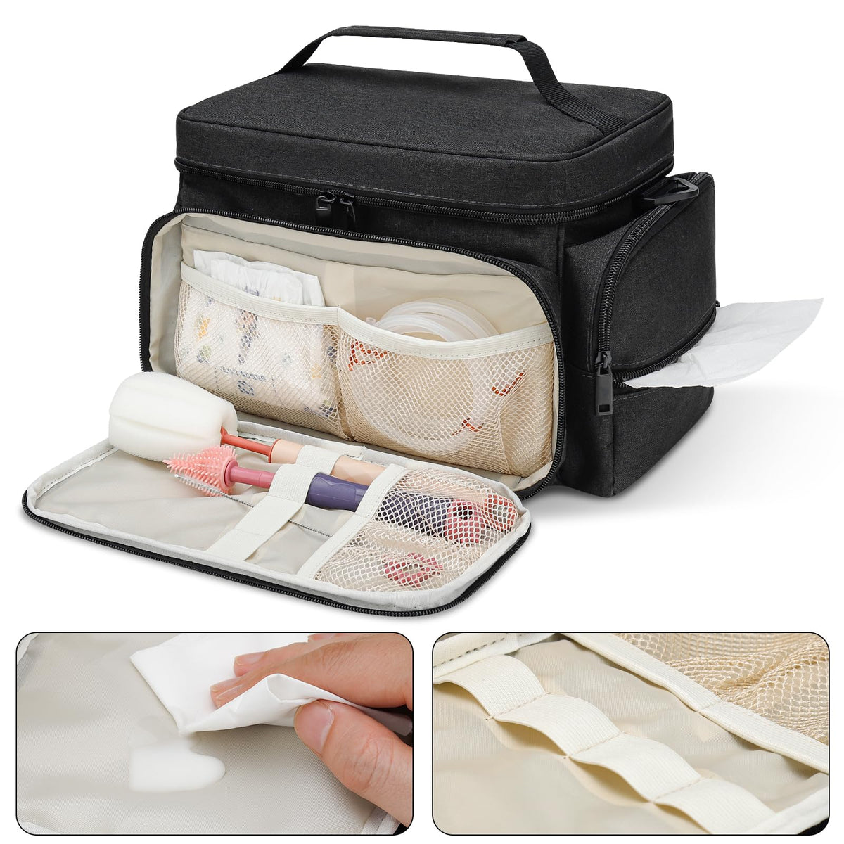 GDNasist pump bag side pocket holding baby bottles and tubing